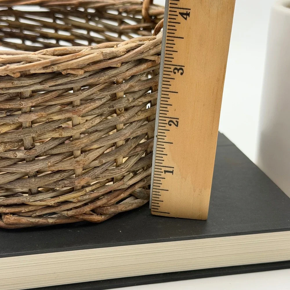 Vintage Hand Woven Twig Basket w Handles Round Decorative Rustic Farmhouse 7.5